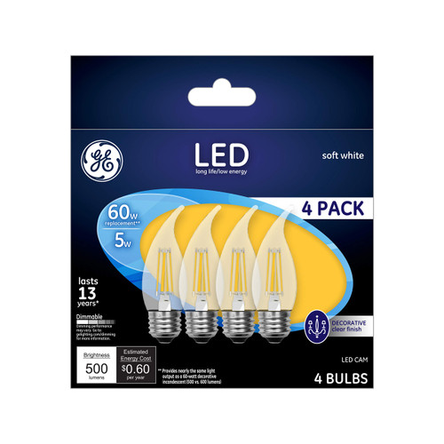GE Lighting 13173 Clear Finish Light Bulb Dimmable LED Soft White Decorative 5 (60-Watt Replacement), 500-Lumen Medium Base Bent Tip, 4 Piece
