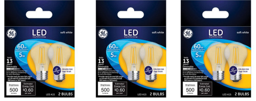 (6 bulbs) GE LIGHTING 23444 LED Light Bulb, A15 Fan Bulb, Clear finish, 5 watts, 500 lumens, Dimmable, Soft white, medium base