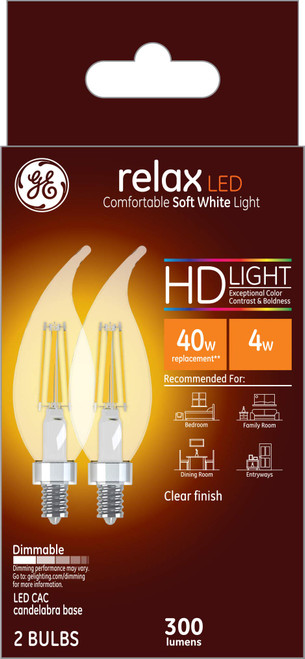 GE Lighting 31384 Clear Finish Light Bulb Relax HD Dimmable LED Decorative 4 (40-Watt Replacement), 300-Lumen Candelabra Base Bent Tip, 2-Pack, Soft White, 2