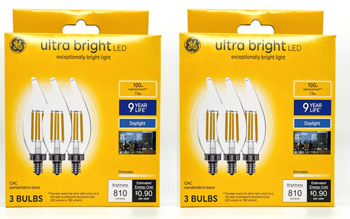 (6 bulbs) GE ultra bright LED 100 watt equivalent CA12 Daylight Dimmable Decorative Candle Light Bulb  