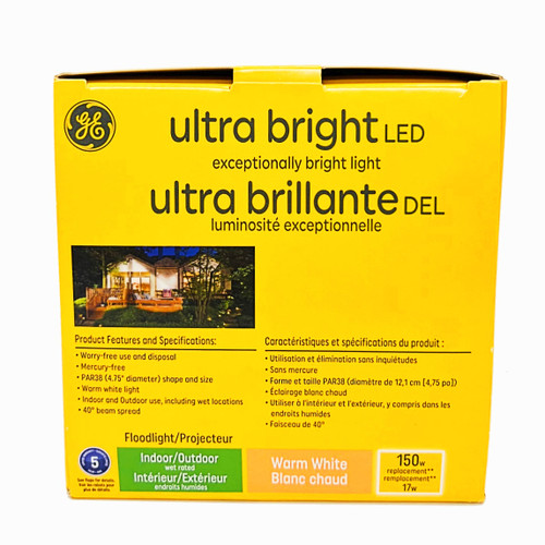 GE ultra bright LED PAR38 floodlight, warm white, 1500 lumens of brilliance, 17 watts, Indoor-Outdoor, wet rated, Dimmable, medium base LED flood light