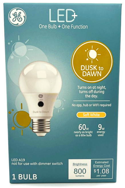 GE LED+ Dusk to Dawn LED Light Bulb, Soft White, A19, Outdoor use, 9 watts, 800 lumens, medium base, turns on at night, turns off during the day, no hub, app or wifi required