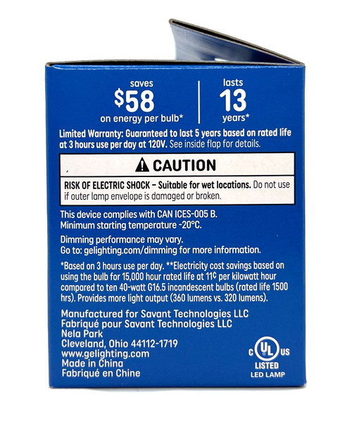 (2 bulbs) GE refresh LED G16.5, Candelabra Base, 4.5 watt, 360 lumen, Dimmable, Daylight, Clear, HD Light Enhanced Color, LED Light Bulb
