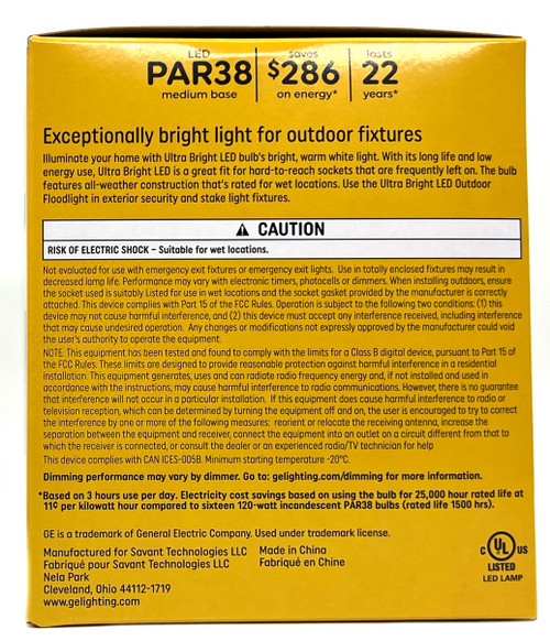 GE ultra bright LED PAR38 Floodlight, 16 watts, 1400 lumens, Dimmable, Indoor/Outdoor, 3000K Soft White LED UltraBright Light Bulb