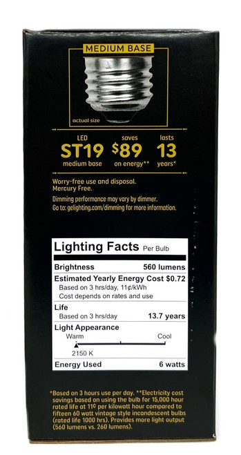 (1 bulb) GE Vintage LED ST19, Amber Glass, 6 watts, 560 lumens, Dimmable, Medium base, Vintage Style LED Light Bulb