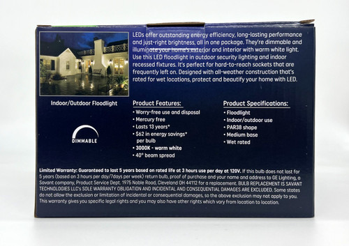 (8 bulbs) GE Lighting LED PAR38 Indoor/Outdoor FloodLight, 7 watt, 500 lumens, Dimmable, 3000K warm white, medium base