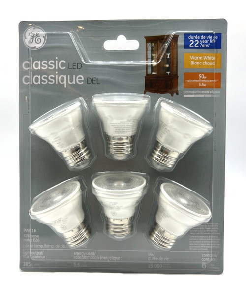 (pack of 6 bulbs) GE classic LED PAR16, 5.5 watts, 385 lumens, medium base, Warm White 2700K, Dimmable LED Light Bulb