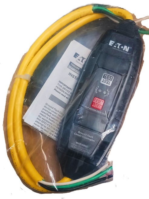 Eaton GFI12M1NN portable GFCI, Watertight, field wireable, 20A, #12 AWG, 2' (0.61m) cord length, Polycarbonate, Flying leads plug type, Manual reset, 120V, 4X 669620, 2 pole, 3 wire grounding