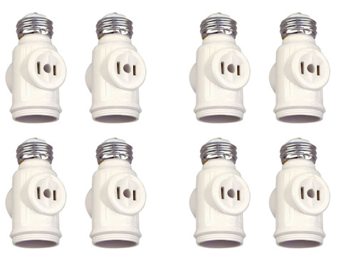 (case of 8) Eaton socket adapter, One socket to one socket with two 250W NEMA 1-15R outlets, 125V, Medium base, White, Thermoplastic, 715-3W-SP