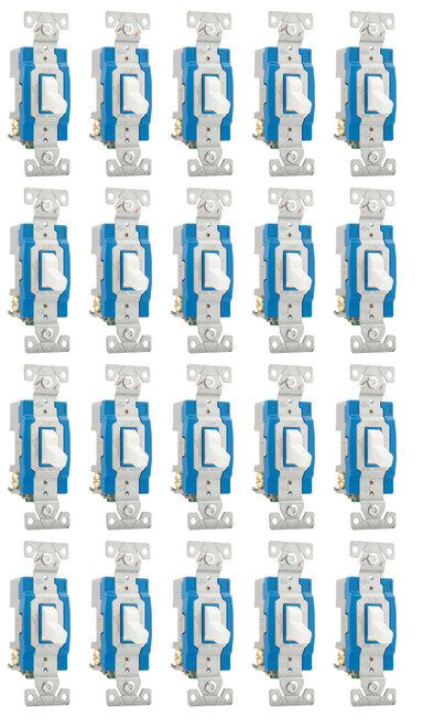 (case of 20) Eaton construction grade toggle switch, #14-10 AWG, 15A, Wall, 120/277V, Back and side, Screw, White, Three-Way, Polycarbonate