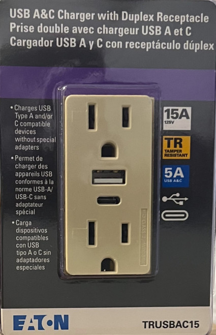 (case of 4) Eaton Receptacle Plug with 5 amp USB Charging, USB Type A and Type C, without adapters, 15A, 125V 5-15R Receptacle, Ivory, TRUSBAC15V 