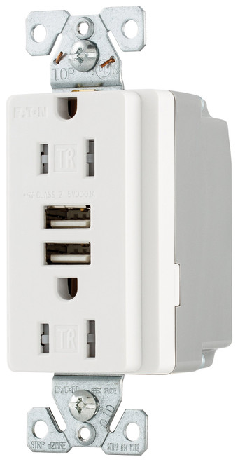 (case of 4) Eaton TR7755W 15 Amp 125V Combination USB 3.1A Charger with Duplex Receptacle, White