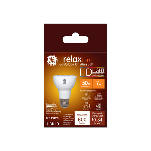 GE Lighting 45441 Relax HD LED (50-Watt Replacement), 500-Lumen PAR20 Bulb, Medium Base, Soft White, 1-Pack, Title 20 Compliant