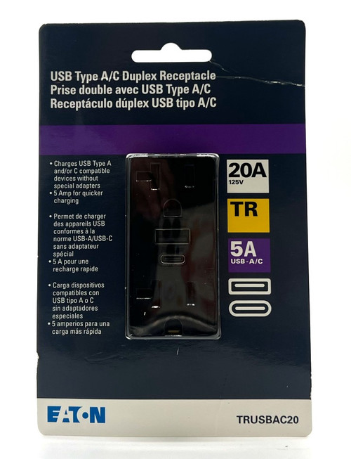 (case of 4) Eaton TRUSBAC20BK  USB A&C duplex 20 Amp receptacle, charges USB type A and/or Type C wihtout adapters, 5 Amp charging, 20A receptacle, Tamper Resistant, Black