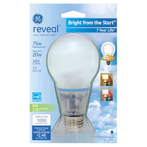 GE Lighting 63509 Reveal Bright from the Start CFL 20-Watt (75-watt replacement) 1050-Lumen A21 Light Bulb with Medium Base, 1-Pack