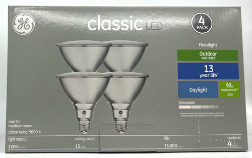 (4 bulbs) GE Classic LED PAR38 Outdoor floodlight, 13 watt, 1200 lumen, Daylight 5000K, Dimmable, medium base
