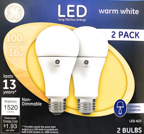 GE 2-Pack 100 W Equivalent Warm White A21 LED Light Fixture Light Bulbs, 16 watt, 1520 lumens, non-dimmable