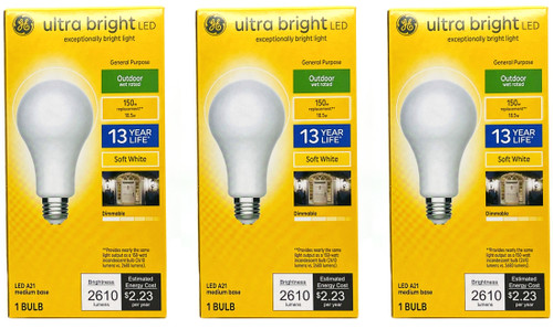 (quantity of 3) GE 93129366 LED Outdoor-Rated Ultra Bright Light Bulb, Soft White, A21 Medium Base, 22 Watt - Quantity 1