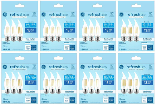 (24 bulbs) GE refresh LED cool white chandelier bulbs, 60 watt equivalent, 5.5 watt, 500 lumens, Dimmable, medium base (CAM) LED 6500K arctic white decorative bulb