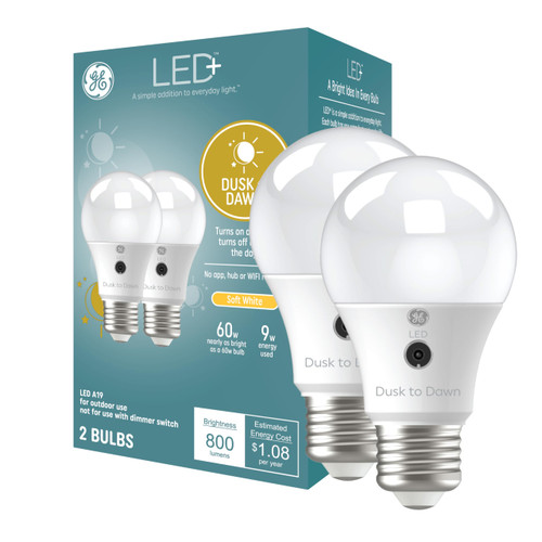 GE LED+ A19 Dusk to Dawn LED Light Bulbs, Automatic On/Off Outdoor Security Light, Soft White, Great Christmas Gifts for Men, Holiday Gift for Women, Perfect Dad Gifts (2 Pack)