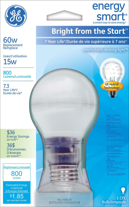GE Lighting 63503 Energy Smart Bright from the Start CFL 15-Watt (60-watt replacement) 800-Lumen A19 Light Bulb with Medium Base, 1-Pack