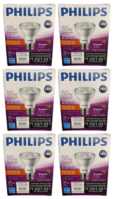 Philips LED FLood Light Bulb,  PAR20, 2700K, 8.5 watts, 600 lumens, medium base, 8.5PAR20/PER/927/F25/DIM/EC/120V, 53526  (case of 6)