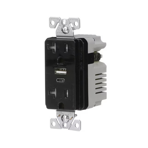 Eaton TRUSBAC20BK  USB A&C duplex 20 Amp receptacle, charges USB type A and/or Type C wihtout adapters, 5 Amp charging, 20A receptacle, Tamper Resistant, Black