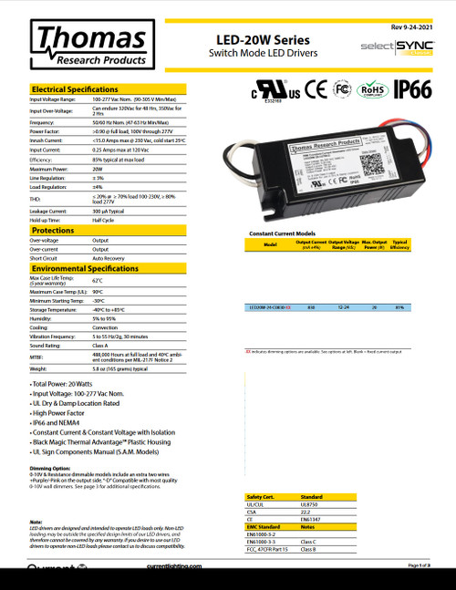 Hubbell Lighting Thomas Research Products LED20W-24-C0830 LED Driver, 20 Watt constant current, dry and damp location rated