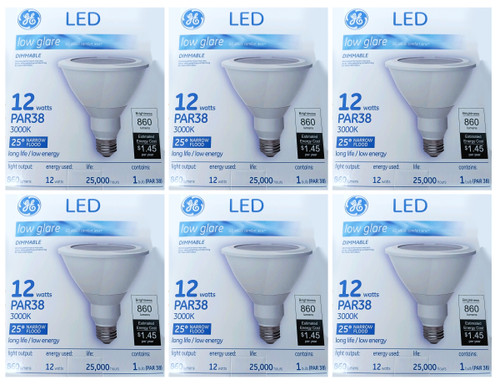GE 84463 LED low glare PAR38, 12 watt, Dimmable, 860 lumens, 3000K, LED Narrow Flood Light Bulb with visual comfort lens (case OF 6)