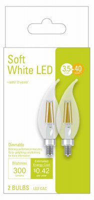 (2 bulbs) GE Lighting 32596 LED Chandelier CAC Light Bulb, Soft White, 300 lumens, 3.5 watt LED Light bulb, Dimmable