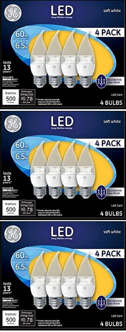GE 94872 LED Decorative Chandelier bulbs, medium base, 6.5 watts, 500 lumens, Dimmable (quantity of 12 bulbs) 