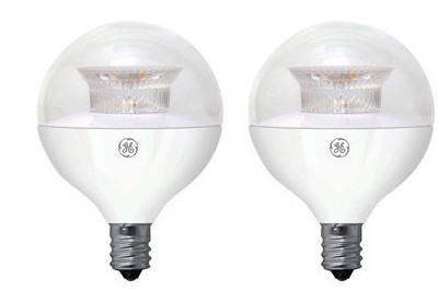 (2 bulbs) GE LED G16.5 Globe Light Bulb, Candelabra base, 6.5 watts, 500 lumens, 5000K Cool White