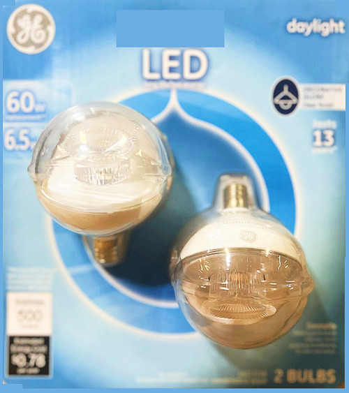 (2 bulbs) GE LED G16.5 Globe Light Bulb, Candelabra base, 6.5 watts, 500 lumens, 5000K Cool White