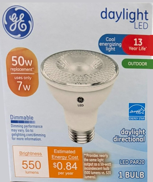 GE Outdoor LED Floodlight, PAR20 Bulb, 50W Equivalent, Daylight, Dimmable, 550 lumens,  7 watts 