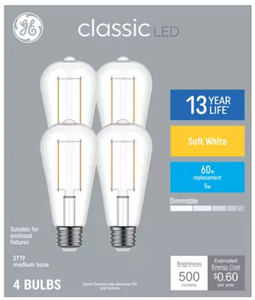 GE Classic Soft White LED Bulbs, ST19 Edison, 60W Equivalent using only 5 watts, 500 lumen, Dimmable, beautiful 2700K (4 Pack), GE