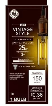 GE Vintage Style T8 LED Light Bulb, Tube Light Clear Glass, 25 Watt Replacement, candelabra base, 3 watt, 150 lumen, dimmable