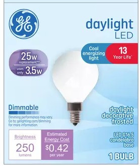 GE LED G16.5 Globe, 3.5 watt 250 lumen, daylight, decorative frosted, candelabra base, dimmable (1 bulb)