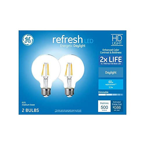 GE 42277 Refresh 60-Watt EQ G25 LED GLobe, Daylight, Dimmable, 5.5 watts, 500 lumens (2-Pack)