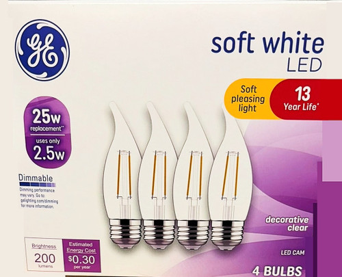 GE LED Chandelier Bulb, 2.5 watt,  200 lumens,  soft white, dimmable, bent-tip, clear, 25 watt replacement, (4 bulbs)