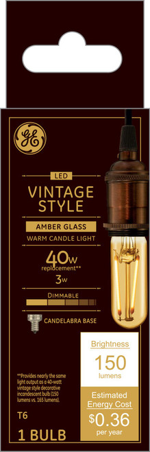 GE Lighting 42220 Amber Glass Light Bulb LED Vintage Style Dimmable T6 Tube 3 watt (40-Watt Replacement), 150-Lumen Candelabra Base, 1-Pack, Warm Candle