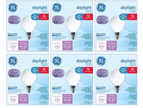 GE LED G16.5 Globe, 3.5 watt 250 lumen, daylight, decorative frosted, candelabra base, dimmable (case of 6 bulbs)