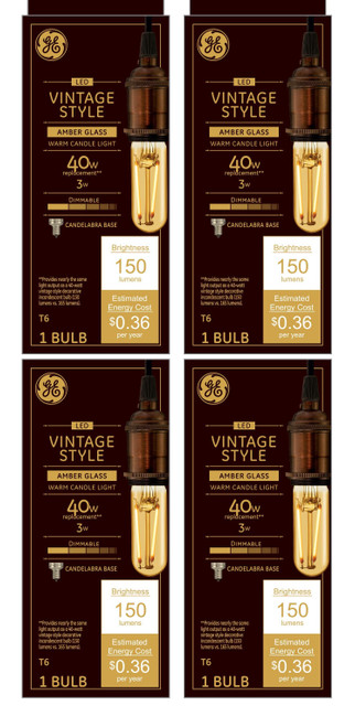 GE Lighting Vintage Style LED Light Bulb, 3 Watts (40 Watt Equivalent) Warm Candle Light, 150 lumens, Amber Glass, Candelabra Base, T6 shape (4 Pack)