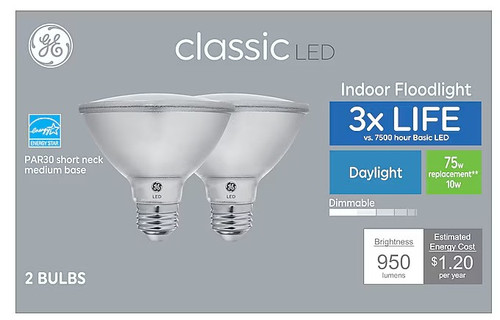GE classic LED PAR30 Short Neck Indoor Floodlight, 10 watt, 950 lumen, Daylight, Dimmable, 75000 hour life, LED Light Bulb, medium base (2 bulbs)