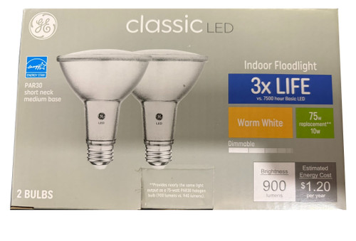 GE classic LED PAR30 short neck Indoor Floodlight, Warm White 2700K, 10 watt, 900 lumens, 75000 hour life, Dimmable, beautiful Silver LED bulbs (2 LED bulbs)