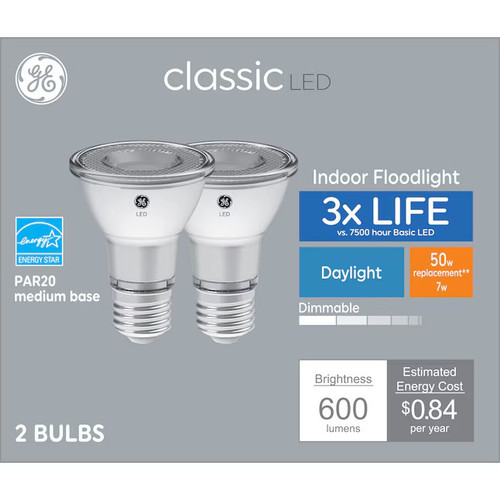 GE classic LED PAR20 Indoor Floodlight, 7 watts, 600 lumens,  Daylight, Dimmable, Medium base, 50 watt equivalent, (2 bulbs)