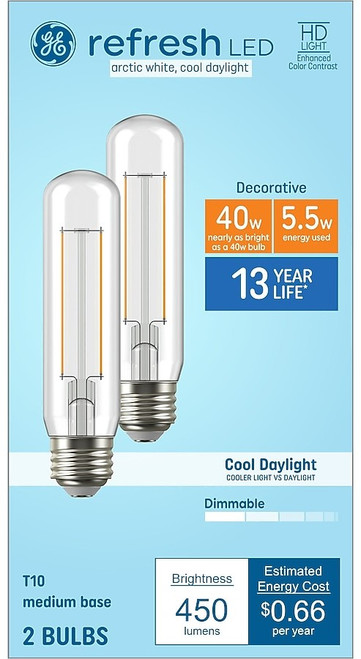 GE refresh LED T10 Light Bulbs, 5.5 watt, 450 lumen, 40 watt equivalent, arctic white, cool daylight, medium base, Dimmable, 2 bulbs