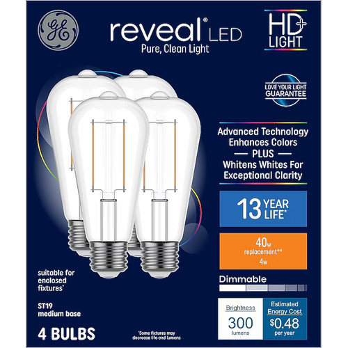 GE reveal LED ST19, pure clean HD light, 4 watt, 300 lumen, dimmable, GE's best light technology, medium base, 4 bulbs