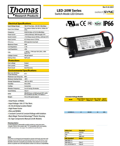Thomas Research Products LED20W-24 Switch Mode Constant Voltage LED Driver, 20 watts, 100-277Vac Nom Input, UL Dry & Damp Location Rated, High Power Factor