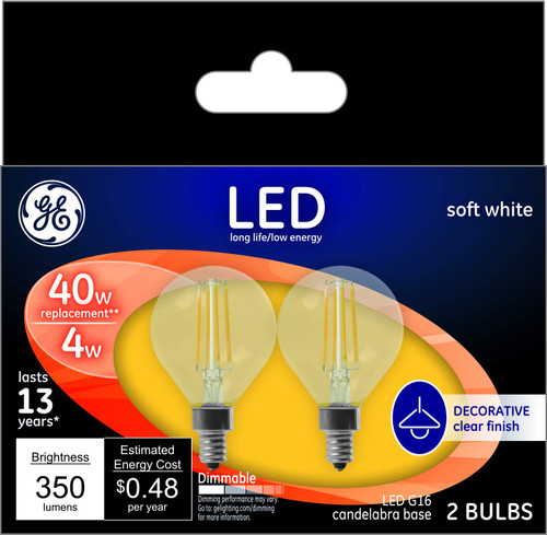 GE Lighting 24535 Clear Finish Light Bulb Dimmable LED Daylight Decorative G16.5 Globe 4 (40-Watt Replacement), 350-Lumen Candelabra Base, 2-Pack, Soft White, 2 Piece