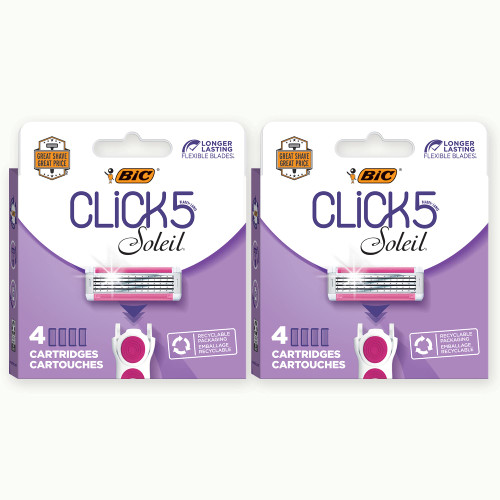 BIC Click 5 Soleil Women's Razor Refills with 5 Flexible Blades and Recyclable Box, Pink, 8 Count